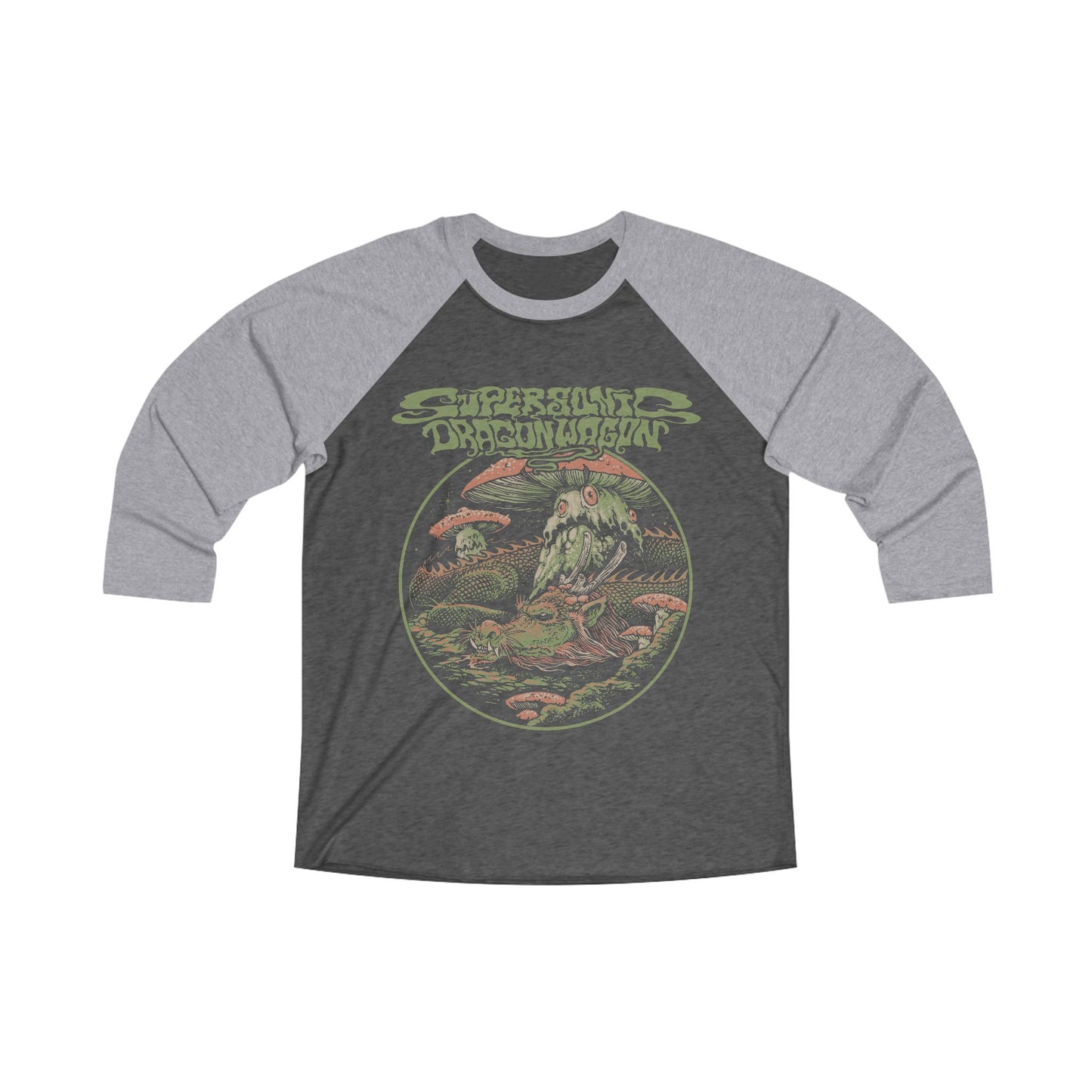Raglan Tee — Retro Shroom Dragon Graphic 3/4 Sleeve Baseball Shirt